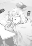  ayase_saki book desk gimai_seikatsu greyscale hair_ornament hairpin headphones highres hiten_(hitenkei) monochrome pen phone sleeping 