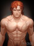 1boy abs absurdres body_hair copyright_request green_eyes highres male_focus muscular muscular_male pectorals red_hair scar scar_on_face solo waiwai_mura 