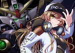  1girl baseball_cap black_background black_camisole black_choker black_headwear breasts brown_eyes camisole choker collarbone crossover d4dj eyebrows_visible_through_hair fur_trim gundam gundam_wing hat head_tilt headphones headphones_around_neck highres hiraken hood hooded_jacket jacket long_hair looking_at_viewer mecha mobile_suit one_eye_closed parted_lips science_fiction shield small_breasts smile v-fin v-shaped_eyebrows white_jacket wing_gundam yamate_kyouko 