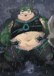  2022 absurd_res anthro belly black_nose blush bottomwear canid canine canis clothing domestic_dog eyes_closed green_body hi_res kemono l4zily lifewonders live-a-hero lying male mammal mokdai navel outside overweight overweight_male pants raining solo video_games visor 
