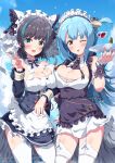  2girls absurdres apron asymmetrical_docking azur_lane bangs bare_shoulders black_hair blue_hair blue_sky blunt_bangs blush breast_press breasts chain cheshire_(azur_lane) cloud day detached_sleeves dot_nose dress eggman_(pixiv28975023) eyebrows_visible_through_hair frilled_apron frills garter_straps highres holding holding_plate long_hair long_sleeves looking_at_viewer maid_headdress multicolored_hair multiple_girls neck_ribbon neptune_(azur_lane) one_eye_closed open_mouth outdoors petticoat plate ribbon shell_hair_ornament shiny shiny_hair short_hair sky sleeveless sleeveless_dress smile streaked_hair thighhighs thighs tongue tongue_out v waist_apron water_drop white_apron white_legwear white_ribbon yellow_eyes 