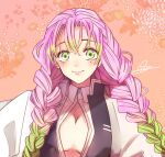  1girl bangs blush braid breasts buttons cleavage cloak commentary dated feet_out_of_frame floral_background gradient_hair green_eyes green_hair haori japanese_clothes kanroji_mitsuri kimetsu_no_yaiba large_breasts long_hair long_sleeves looking_at_viewer mole mole_under_eye multicolored_hair open_mouth pink_background pink_hair school_uniform shirt signature simple_background smile solo souta_(karasu_no_ouchi) standing twin_braids two-tone_hair upper_body white_cloak wide_sleeves wing_collar 
