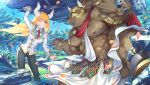  1boy 1girl animal_ears armband astarte_(housamo) asterius_(housamo) bangs bara blonde_hair blush breasts brown_fur cape cow_ears cow_horns daihukudokoro dark-skinned_male dark_skin furry furry_male headwear_request holding horns large_pectorals loincloth long_hair looking_at_another minotaur muscular muscular_male necktie nipples nose_piercing official_art open_mouth pectorals piercing rock shirt shoes smile thighs tokyo_afterschool_summoners uniform white_shirt 