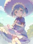  1boy blue_eyes blue_hair choke_(amamarin) cloud cloudy_sky commentary_request highres looking_at_viewer made_in_abyss maid maid_headdress male_focus maruruk morning otoko_no_ko outdoors parasol short_hair sky solo umbrella 