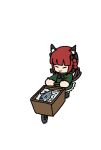 1girl :3 animal_ear_fluff animal_ears bangs black_bow blunt_bangs bow braid cat_ears chibi closed_eyes fish from_above full_body hair_bow highres kaenbyou_rin multiple_tails nekomata red_hair simple_background solo standing tail touhou twin_braids two_tails uzuranotamasi wheelbarrow white_background 