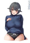  1girl bangs black_panties blush breasts brown_eyes ebifurya eyebrows_visible_through_hair groin hair_flaps hair_ornament hand_on_own_chest hand_up highres jingei_(kancolle) kantai_collection large_breasts long_sleeves looking_at_viewer no_pants open_mouth panties ribbon ribbon_panties short_hair simple_background sleeves_past_wrists smile solo thick_thighs thighs turtleneck twitter_username underwear white_ribbon wide_hips 