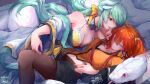  2girls absurdres aqua_hair blush breasts cleavage closed_eyes closed_mouth eyebrows_visible_through_hair fate/grand_order fate_(series) fujimaru_ritsuka_(female) highres horns kiyohime_(fate) multiple_girls orange_hair parted_lips pin.s signature 