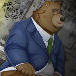  2022 anthro belly blush brown_body brown_fur clothing fur hi_res kemono male mammal mature_male necktie overweight overweight_male shirt solo suit tanutronik753_k topwear ursid 