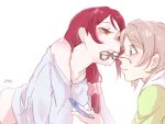  2girls a-shi_(lion81923) blue_eyes blush brown_hair closed_mouth eyebrows_visible_through_hair eyewear_in_mouth hair_over_shoulder holding holding_phone love_live! love_live!_sunshine!! mouth_hold multiple_girls phone red_hair sakurauchi_riko shoulder_blush teeth watanabe_you yellow_eyes yuri 