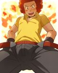  1boy :d absurdres afro belt black_choker blush border brown_eyes choker collared_shirt commentary_request fire flint_(pokemon) from_below hands_on_hips harano_hiroshi highres looking_down male_focus open_mouth outside_border pants pokemon pokemon_(game) pokemon_dppt red_belt red_hair shirt short_hair smile solo teeth tongue upper_teeth white_border wristband yellow_shirt 