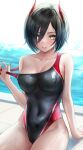  1girl absurdres arm_support azur_lane bangs bare_shoulders black_hair black_swimsuit blue_hair breasts cleavage clothes_pull collarbone commentary_request commission competition_swimsuit covered_navel eyebrows_visible_through_hair eyes_visible_through_hair fingernails gradient_hair groin hair_between_eyes hair_over_one_eye highres horns iron_blood_(emblem) large_breasts long_fingernails looking_at_viewer moshi_imo multicolored_hair one-piece_swimsuit parted_lips partial_commentary pixiv_request pool poolside red_horns red_nails shadow short_hair sidelocks sitting solo swimsuit swimsuit_pull ulrich_von_hutten_(azur_lane) water wet wet_clothes wet_swimsuit white_background white_hair yellow_eyes 