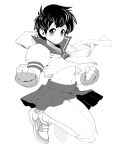  auphskey black_hair clenched_hands fingerless_gloves gloves headband highres jumping kasugano_sakura looking_at_viewer md5_mismatch midriff monochrome school_uniform serafuku shoes short_hair smile sneakers socks street_fighter street_fighter_zero_(series) sweat tomboy wind wind_lift 