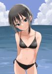  1girl absurdres arms_behind_back bangs beach bikini black_bikini black_hair blue_sky character_request closed_mouth cloud cloudy_sky commentary_request hair_between_eyes highres looking_at_viewer navel original short_hair sky smile solo standing swimsuit yamamoto_souichirou 
