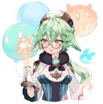  1girl animal_ears balloon bangs blush commentary_request cropped_torso fur_collar genshin_impact glasses gloves green_hair hair_between_eyes hat holding holding_balloon light_blue_hair long_hair long_sleeves multicolored_hair parted_lips ponytail sa9no seelie_(genshin_impact) simple_background slime_(genshin_impact) solo streaked_hair sucrose_(genshin_impact) teeth upper_body upper_teeth vision_(genshin_impact) white_gloves yellow_eyes 