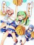  3girls :d :o ^_^ arm_up armpits bare_arms bare_shoulders blue_eyes blue_hair blue_skirt bow bow_panties cheerleader chima_q closed_eyes clothes_writing collarbone commentary daiyousei extra facing_viewer fairy_wings green_hair hair_bow hair_ornament heart highres long_hair looking_at_viewer midriff multiple_girls navel open_mouth outstretched_arm panties pink_hair pom_pom_(cheerleading) red_eyes side_ponytail skirt smile spoken_heart sweatdrop tank_top touhou translated underwear white_panties wings yellow_bow 