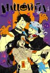  1girl 2boys absurdres al_(ahr) animal_ears bandaged_head bandages black_hair blood blood_in_mouth bracelet breasts cape claw_pose collar curly_hair diamond_wa_kudakenai eyeliner fangs grey_hair halloween halloween_costume headband higashikata_josuke highres jewelry jojo_no_kimyou_na_bouken kishibe_rohan limited_palette long_hair makeup multiple_boys mummy mummy_costume ofuda outstretched_arms spiked_bracelet spiked_collar spikes stitched_face vampire vampire_costume wavy_hair werewolf werewolf_costume wolf_ears yamagishi_yukako 