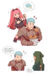  1girl 2boys absurdres armor blue_hair bow caspar_von_bergliez eating fire_emblem fire_emblem:_three_houses food fried_chicken green_hair hair_bow hair_brush hair_bun half_updo hedgehog highres hilda_valentine_goneril linhardt_von_hevring multiple_boys norue parody pink_hair undercut 