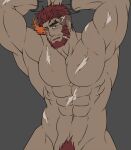  1boy abs arms_behind_head bara beard blush completely_nude cowboy_shot dark-skinned_male dark_skin eyebrow_cut facial_hair flaming_eye flat_color hephaestus_(housamo) large_pectorals male_focus male_pubic_hair mature_male muscular muscular_male navel no_nipples nude pectorals pubic_hair red_eyes short_hair solo stomach sunfight0201 thick_eyebrows tokyo_afterschool_summoners 