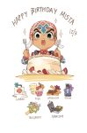  1boy birthday_cake black_eyes blush book bottle bouquet cake chibi chocolate cupcake first_aid_kit food fork gift guido_mista happy_birthday hat highres jojo_no_kimyou_na_bouken male_focus norue perfume_bottle solo spoon vento_aureo 