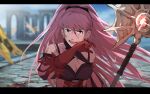  1girl bare_shoulders blood blood_on_face blood_on_ground blurry breasts claude_von_riegan cleavage depth_of_field dragon_riding fire_emblem fire_emblem:_three_houses flag freikugel_(weapon) gloves highres hilda_valentine_goneril long_hair norue pink_eyes pink_gloves pink_hair ponytail solo_focus wiping_face 