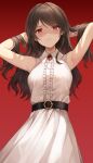  1girl armpits arms_up bangs bare_arms belt black_belt brown_hair dress eyebrows_visible_through_hair highres long_hair looking_at_viewer lunacle multicolored_hair original parted_lips red_background red_eyes red_hair simple_background sleeveless solo streaked_hair white_dress 