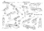  borchardt_c-93 commentary english_text golden_kamuy greyscale gun handgun highres monochrome no_humans original perspective pistol signature simple_background twitter_username weapon weapon_focus zifletts 