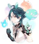  1boy ahoge animal_ears aqua_hair balloon bangs bead_necklace beads black_hair closed_mouth commentary_request cropped_torso facial_mark forehead_mark genshin_impact gloves holding holding_balloon jewelry male_focus multicolored_hair necklace sa9no seelie_(genshin_impact) simple_background slime_(genshin_impact) spikes tassel white_background xiao_(genshin_impact) yellow_eyes 