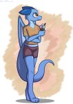  2022 absurd_res anthro artist_name blue_body blush bottomwear clothed clothing digital_media_(artwork) dragon female food fully_clothed hi_res holding_food holding_object horn illlatlasllli membrane_(anatomy) membranous_wings midriff scalie shirt shorts solo syl_(enginetrap) t-shirt topwear western_dragon wings 
