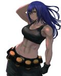  1girl 6maker abs bare_shoulders belt black_gloves black_tank_top blue_eyes blue_hair breasts clenched_hands gas_can gloves ground_vehicle hair_down hand_on_own_head highres leona_heidern long_hair military military_vehicle motor_vehicle muscular muscular_female simple_background solo tan tank tank_top the_king_of_fighters the_king_of_fighters_xiii white_background 