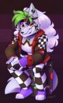  &lt;3 accessory animatronic anthro barefoot big_hair big_tail black_nose bottomwear canid canine canis checkered_bottomwear checkered_clothing checkered_topwear choker clothing collar crossgender eyebrows eyeshadow facial_markings feet fingerless_gloves five_nights_at_freddy&#039;s five_nights_at_freddy&#039;s:_security_breach ftm_crossgender fur gloves green_hair grey_body grey_fur hair handwear head_markings headband hi_res jacket jewelry long_hair machine makeup male mammal markings multicolored_body necklace orange_eyes paintwasd_(artist) pattern_bottomwear pattern_clothing pattern_topwear purple_eyeshadow rainbow_flag rainbow_symbol raised_eyebrow robot roxanne_wolf_(fnaf) scottgames sharp_teeth smile smirk solo speaker teeth topwear video_games wolf wolf_tail yellow_eyes 