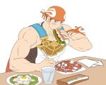  1boy bara bare_arms billy_(gyee) blue_eyes blush brown_hair cup eating egg food gyee holding holding_food large_pectorals male_focus muscular muscular_male pasta pectorals sandwich short_hair sideburns sidepec solo spaghetti sunfight0201 table water 