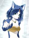  1girl :3 animal_ear_fluff animal_ears animal_nose aqua_eyes arm_up bandeau bangs bare_shoulders blue_background blue_fur blue_hair body_fur breasts circlet claws cleavage closed_mouth collarbone commentary crystal emerald_(gemstone) english_commentary eyebrows_visible_through_hair fox_ears fox_girl furry furry_female gem gold happy highres jewelry krystal light_rays looking_at_viewer namagaki_yukina navel necklace reaching_out ruby_(gemstone) shiny shiny_hair short_hair simple_background small_breasts smile snout solo standing star_fox star_fox_adventures stomach tribal two-tone_fur upper_body white_fur 