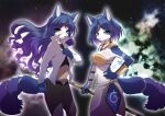  2girls :3 adjusting_clothes animal_ear_fluff animal_ears animal_nose aqua_eyes arm_tattoo armor bandeau bangs belt blue_fur blue_hair body_fur border breasts brown_pants choker circlet claws cleavage clenched_hand closed_mouth cloud collarbone commentary crystal dual_persona english_commentary error eyebrows_visible_through_hair fang fox_ears fox_girl fox_tail gold gradient_hair hand_on_hip hand_up happy high_collar highres holding holding_polearm holding_weapon jacket jewelry krystal leg_tattoo loincloth long_hair looking_at_viewer medium_breasts multicolored_hair multiple_girls namagaki_yukina navel necklace open_clothes open_jacket open_mouth outline pants polearm purple_hair ruby_(gemstone) sapphire_(gemstone) shiny shiny_hair shirt short_hair shoulder_armor sky smile snout space spear standing star_(sky) star_fox star_fox_adventures starry_sky stomach tail tail_ornament tail_ring tattoo tribal two-tone_fur two-tone_hair v-shaped_eyebrows vambraces weapon white_border white_fur white_jacket white_outline yellow_choker 