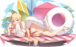  1girl ahoge ass azur_lane bangs bare_shoulders blonde_hair breasts cherry cleavage cloud cup detached_sleeves english_commentary food fruit full_body gainoob high_heels knees_together_feet_apart large_breasts large_hat legs long_hair long_sleeves looking_at_viewer lying manjuu_(azur_lane) official_alternate_costume on_stomach outdoors own_hands_together palm_tree parted_bangs red_eyes red_swimsuit richelieu_(fleuron_of_the_waves)_(azur_lane) richelieu_(kancolle) shoes shoes_removed side-tie_swimsuit signature sky solo surfboard swimsuit table tablecloth thigh_strap thighs tree white_headwear 