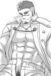  1boy abs bara coat come_hither cowboy_shot facial_hair forked_eyebrows goatee greyscale highres large_pectorals male_focus male_pubic_hair mature_male military military_uniform monochrome muscular muscular_male navel nipples no_male_underwear open_clothes open_coat open_fly pectoral_cleavage pectorals pointy_ears pubic_hair scar scar_on_face scar_on_nose seductive_smile short_hair sideburns smile solo stomach sunfight0201 tokyo_afterschool_summoners uniform unzipped yoritomo_(housamo) 