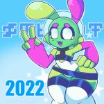  alien alien_humanoid ambiguous_gender antennae_(anatomy) anthro black_sclera clothing cosmicstardusti cute_fangs green_body green_skin hi_res humanoid solo sploot_(unknownspy) thick_thighs tight_clothing wide_hips 