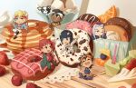  5boys :t battle_tendency black_hair blue_jacket bob_cut boston_terrier bruno_buccellati caesar_anthonio_zeppeli cherry chibi dark-skinned_male dark_skin dog doughnut eating facial_mark food fruit gakuran grey_hair headband highres ice_cream iggy_(jojo) jacket jojo_no_kimyou_na_bouken kakyoin_noriaki leone_abbacchio miniboy mohammed_avdol multiple_boys narancia_ghirga norue pancake red_hair school_uniform signature stardust_crusaders vento_aureo 