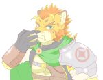  anthro armor cape clothing eating felid food gloves green_eyes hair handwear hi_res ho_jiro lifewonders lion live-a-hero male mammal muscular muscular_anthro muscular_male orange_hair pantherine pecs plant rutilix_(live-a-hero) solo sweet_potato vegetable video_games 