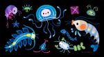  ._. animal animal_focus artist_name black_background black_eyes blush closed_mouth crustacean from_above from_side jellyfish looking_at_viewer no_humans original pikaole plankton simple_background smile tentacles watermark 