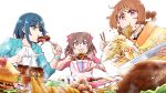  3girls blouse blue_eyes blue_hair bowl brown_hair burger chicken_(food) chopsticks delicious_party_precure dish dumpling eating eyebrows_visible_through_hair food fork french_fries fuwa_kokone hair_between_eyes hair_rings hanamichi_ran highres jacket knife meat meatball medium_hair multiple_girls nagomi_yui noodles onigiri pink_blouse precure purple_eyes red_eyes rice satou_yasu shrimp shrimp_tempura signature sitting sushi table tempura watch wristwatch yellow_jacket 