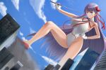  1girl bb_(fate) bb_(swimsuit_mooncancer)_(fate) blue_sky breasts building cityscape cloud commentary_request day dutch_angle fate/grand_order fate_(series) giant giantess gloves hand_on_hip high_heels highleg highleg_leotard highres large_breasts leotard looking_at_viewer neck_ribbon outdoors pointer purple_eyes purple_hair red_footwear red_ribbon ribbon sky solo tomoshibi_(fuuzen_no_tomoshibi) tongue tongue_out white_gloves white_leotard 