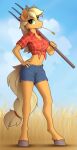  2022 anthro applejack_(mlp) blue_bottomwear blue_clothing blue_shorts bottomwear clothing cloud cloven_hooves cowboy_hat cutoffs daisy_dukes denim denim_clothing dirt earth_pony equid equine female friendship_is_magic hasbro hat headgear headwear hi_res hooves horse hotpants mammal my_little_pony orange_body pony rake shorts sky smile solo tools unguligrade_anthro yakovlev-vad 