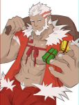  1boy abs aegir_(housamo) alternate_hair_color alternate_hairstyle aqua_hair bara beard blue_eyes bulge christmas_tree_costume cowboy_shot dark-skinned_male dark_skin facial_hair gift hydaus large_pectorals looking_at_viewer male_focus mature_male multicolored_hair muscular muscular_male navel nipples open_fly pants pectoral_cleavage pectorals red_hair red_pants santa_costume short_hair short_sleeves smile solo stomach streaked_hair tokyo_afterschool_summoners white_background white_hair 