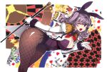  1girl adapted_costume animal_ears black_legwear breasts cane epaulettes fake_animal_ears fishnet_legwear fishnets frilled_sleeves frills gloves highres holding holding_cane jacket kantai_collection kashima_(kancolle) kerchief large_breasts leotard long_sleeves mil_(xration) military_jacket neckerchief open_clothes open_jacket pantyhose playboy_bunny purple_eyes purple_leotard rabbit_ears red_neckerchief sidelocks silver_hair solo twintails wavy_hair white_gloves white_jacket 