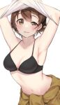  1girl armpits arms_up bangs black_bra bra breasts brown_eyes brown_hair character_request cleavage clothes_around_waist commentary copyright_request eyebrows_visible_through_hair highres jacket jacket_around_waist komekueyo looking_at_viewer medium_breasts navel open_mouth short_hair simple_background solo stomach sweat underwear undressing upper_body white_background 