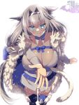  1girl animal_ear_fluff animal_ears argyle argyle_cutout armored_boots bangs bare_shoulders blue_bow blue_eyes blue_legwear blue_ribbon blush boots bow breasts cat_ears cat_girl cat_tail cleavage clothing_cutout detached_collar detached_sleeves dobrynya_nikitich_(fate) dress fate/grand_order fate_(series) fur_trim hair_bow hairband highres knee_boots large_breasts long_hair looking_at_viewer low_ponytail navel outstretched_arm ribbon short_dress smile solo tail tajima_yoshikazu thighhighs thighs white_dress white_hair 