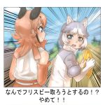  2girls animal_ears bare_shoulders blue_eyes bow bowtie brown_hair caracal_(kemono_friends) caracal_ears cat_ears cat_girl dog_(mixed_breed)_(kemono_friends) dog_ears dog_girl dog_tail elbow_gloves extra_ears eyebrows_visible_through_hair frisbee fur_trim gloves grey_hair grey_jacket heterochromia high-waist_skirt highres jacket kemono_friends long_hair multicolored_clothes multicolored_hair multicolored_jacket multiple_girls orange_bow orange_bowtie orange_hair photo-referenced scarf shirt short_hair short_sleeves sidelocks skirt sleeveless sweatdrop tail thin_(suzuneya) translation_request two-tone_hair two-tone_jacket white_gloves white_hair white_jacket white_scarf white_shirt yellow_eyes 