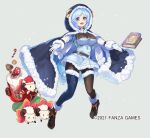  1girl ankle_boots asymmetrical_legwear barometz_(fruits_fulcute!) belt blue_cloak blue_dress blue_eyes blue_hair book boots breasts christmas cleavage cloak copyright copyright_name creature dress eyebrows_visible_through_hair floating fruits_fulcute! fur-trimmed_boots fur-trimmed_cloak fur-trimmed_dress fur_trim gift hat kirikawa_ikumu large_breasts mismatched_legwear official_art open_mouth outstretched_arms pantyhose reaching_out santa_hat see-through see-through_dress sheep simple_background sleigh solo_focus thighhighs 