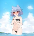  1girl absurdres animal_ears blue_sky blush bob_cut breasts cat_ears clenched_hand cloud commentary covered_navel cowboy_shot embarrassed english_commentary gris_swimsuit hair_ornament hairclip hand_on_own_chest hand_on_own_wrist highleg highleg_swimsuit highres hikimayu looking_at_viewer meme meme_attire mole mole_on_breast mole_on_stomach mole_on_thigh navel neqo_(neneneqo) nose_blush one-piece_swimsuit open_mouth original outdoors red_eyes see-through see-through_swimsuit short_eyebrows short_hair sky solo strapless strapless_swimsuit sweatdrop swimsuit thick_eyebrows w_arms wading water wavy_mouth wet 