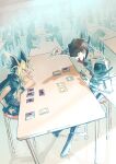  absurdres bangs belt blonde_hair brown_hair cafeteria card closed_mouth highres holding holding_card hurusatoo jacket jacket_on_shoulders kaiba_seto long_sleeves multicolored_hair open_mouth parted_bangs playing_games sitting table yami_yuugi yu-gi-oh! 